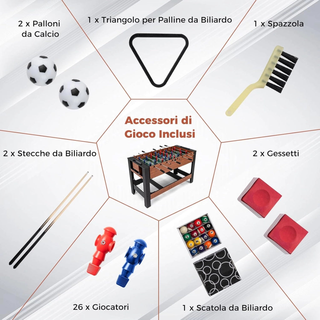 2 in 1 Calcio Balilla, Tavolo da Biliardo con 2 Palline, Stecche Triangolo Spazzola e Gessetti, Tavolo Multigioco per Casa Sala Giochi e Feste