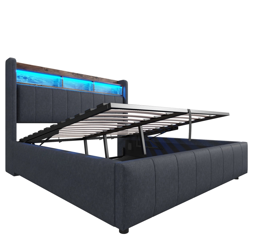 Letto imbottito 140x200 cm; LED e USB; contenitore idraulico; lino; grigio