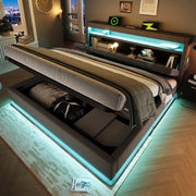 LETTO Contenitore 140x200 cm in Lino Grigio con materasso incluso, LED e USB