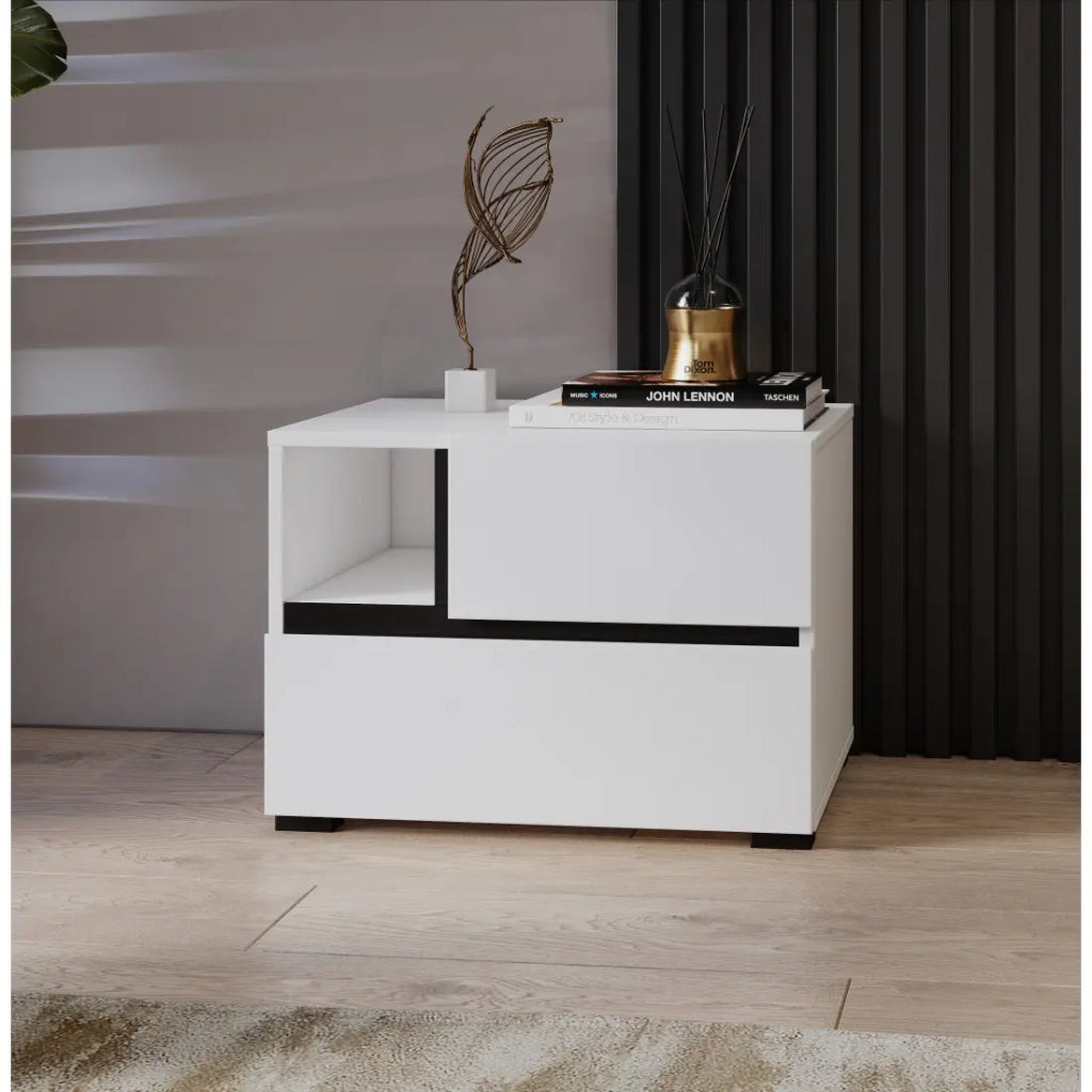 Tavolino da notte HAVANA bianco e nero – 2 cassetti e 1 vano – Design contemporaneo e funzionale