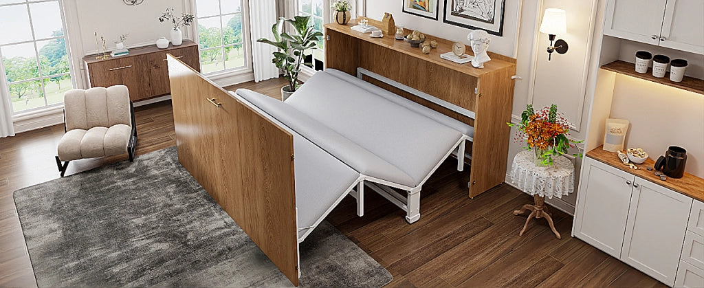 Letto a scomparsa 140 × 200 cm con materasso in lino, struttura in metallo e ruote silenziose, colore legno