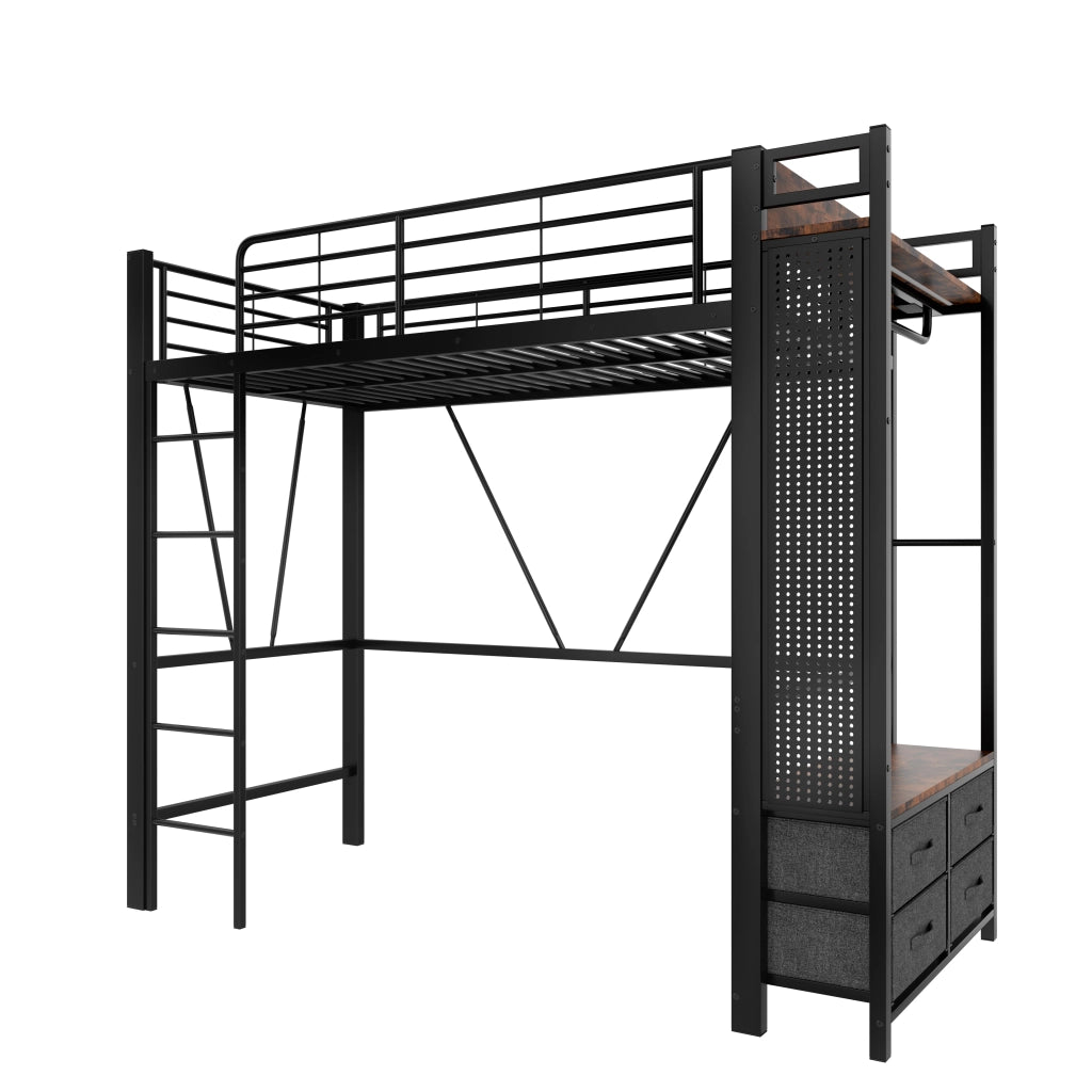 Letto a soppalco 90x200 cm in metallo e MDF; nero; con contenitori e LED