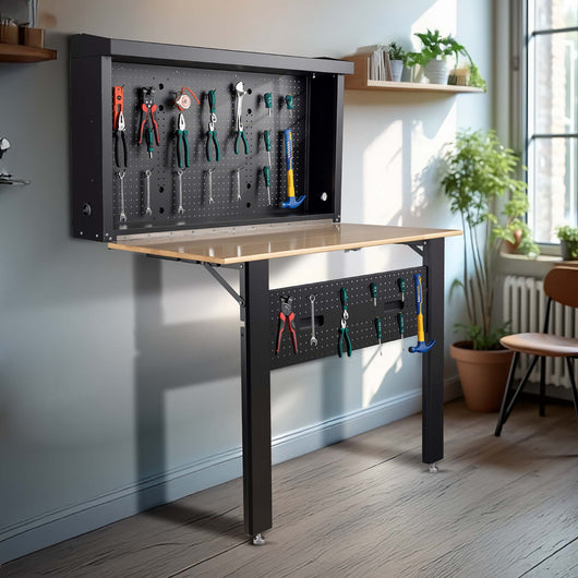 Banco da lavoro pieghevole a parete, portata fino a 200 kg, tavolo richiudibile con pannello porta attrezzi forato, in acciaio con piano in legno, 120,5 x 82,5 x 162 cm, ideale per officine e garage