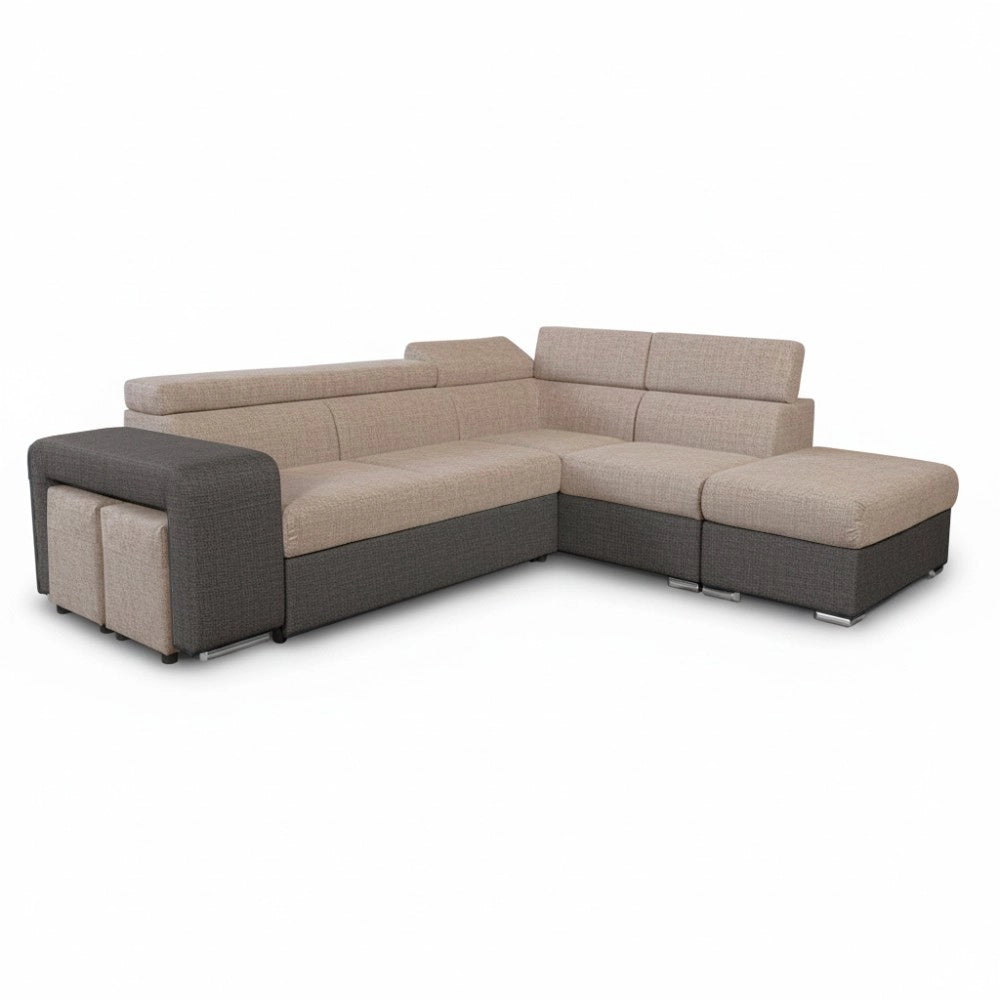 Divano Letto Angolare Sophie con Penisola Destra, 2 Pouf Estraibili e Pouf Contenitore – Tortora e Grigio Scuro
