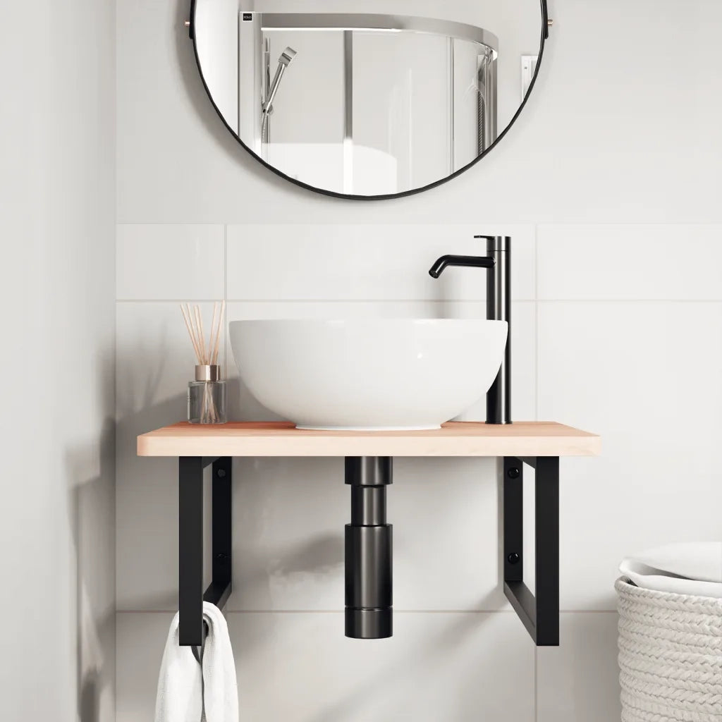 Ripiano a Parete per Lavabo in Acciaio e Massello di Faggio