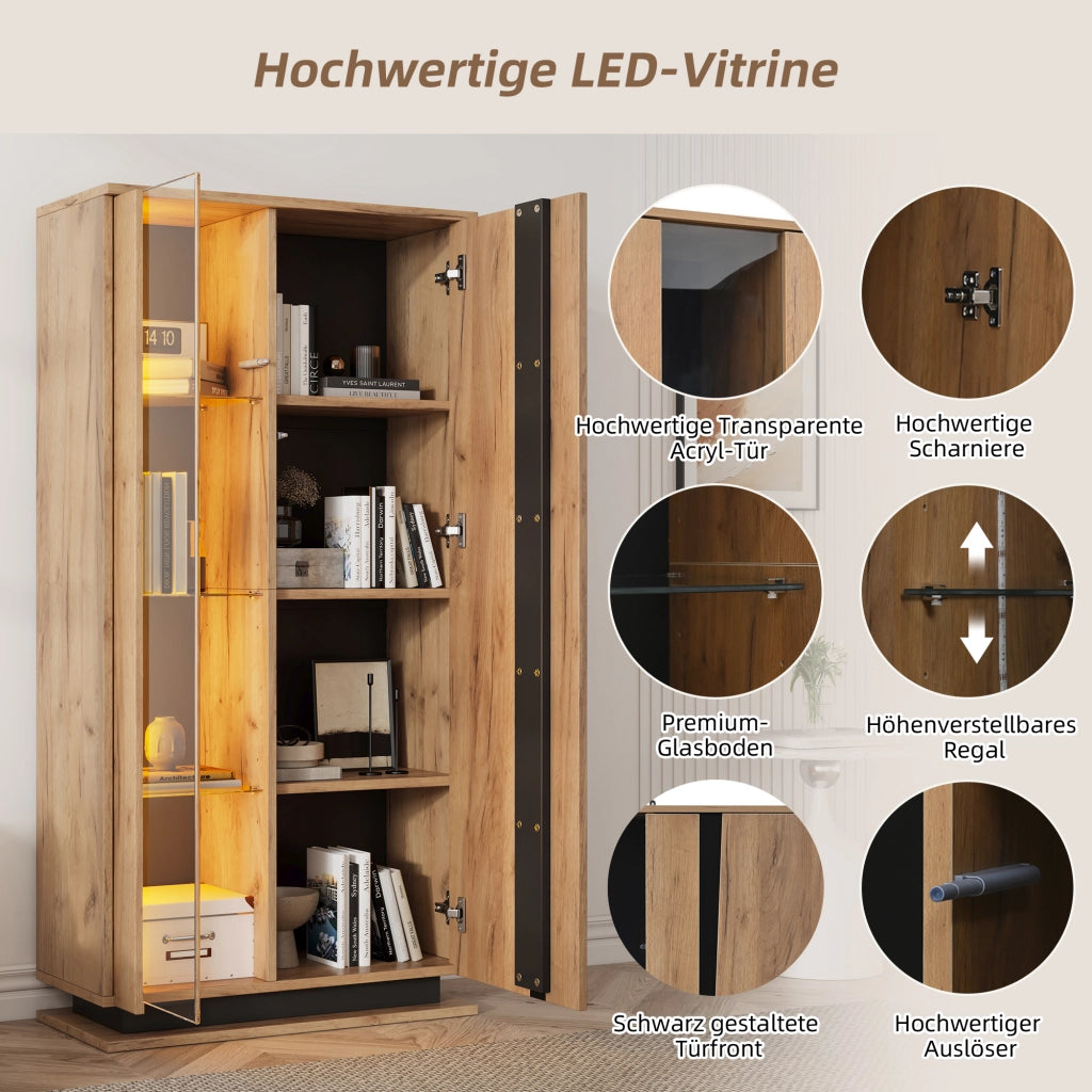 Vetrina con 2 ante; 8 vani e LED - per soggiorno - in truciolare - 80×35×160 cm