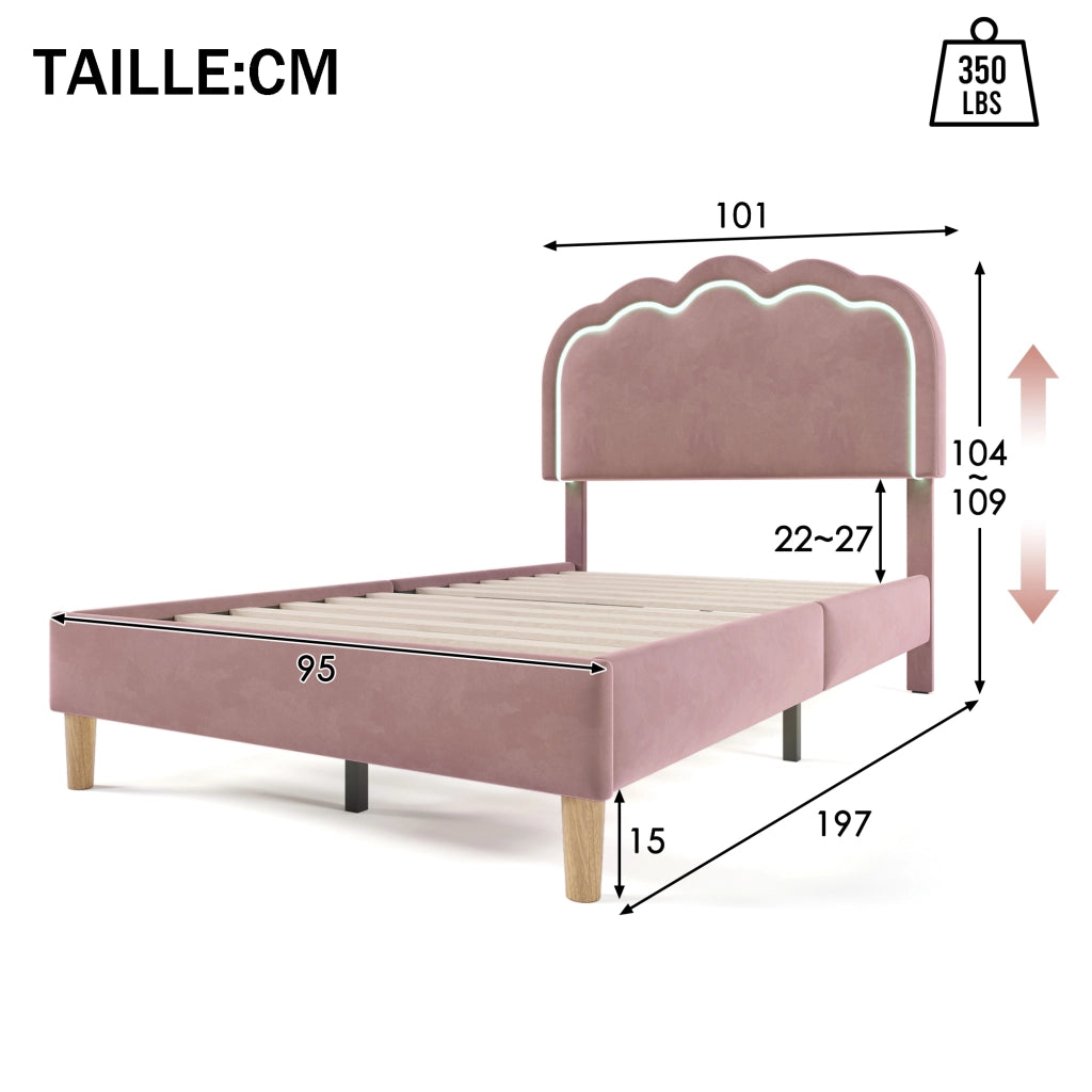Letto Singolo 90 x 190 cm - Testiera Regolabile con LED - in Velluto - Rosa