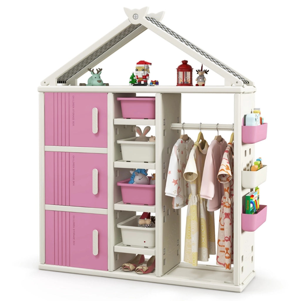 Armadio portaoggetti per bambini con appendiabiti da letto dei bambini, Organizzatore di vestiti con 3 armadietti Rosa-Scaffalature