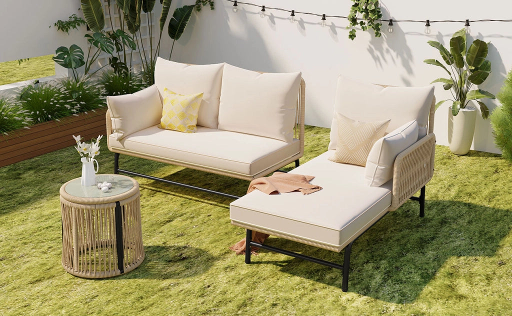 Set giardino: metallo + corda beige; sedute L + tavolo; uso esterno