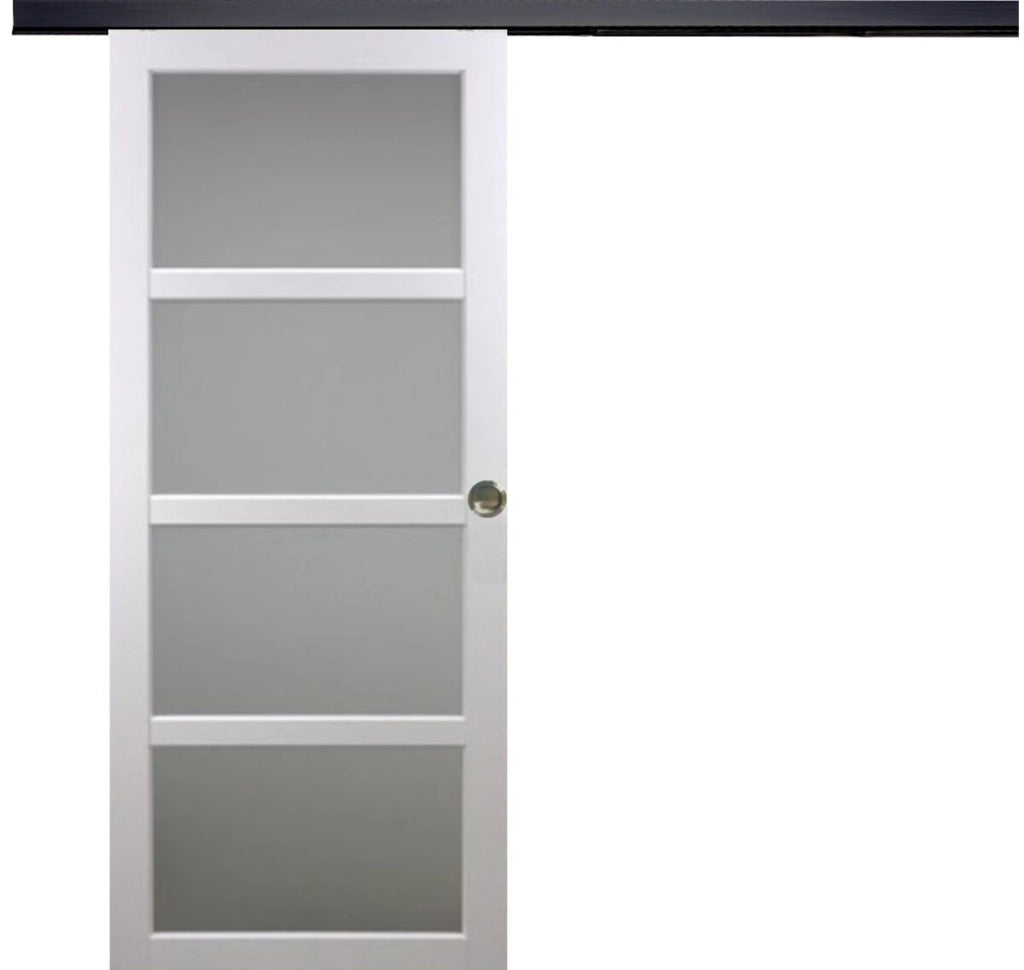 Porta scorrevole Tana bianca larghezza 93 con binario in alluminio nero + 2 gusci installati