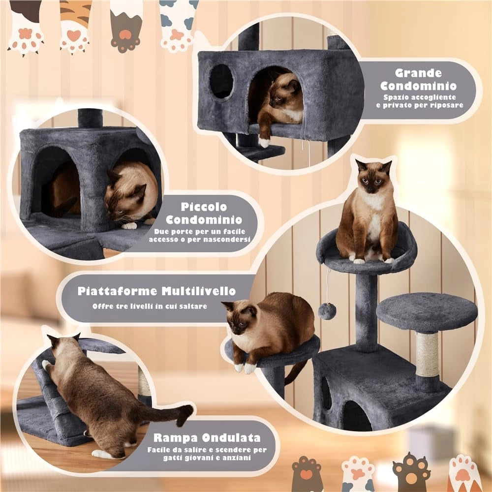 Yaheetech Albero Tiragraffi per Gatti 139 cm con 3 Pali Graffiatoi 3 Posatoi 2 Grotta 2 Pompon in Peluche a Più Livelli Giocattolo Gioco Grigio Scuro