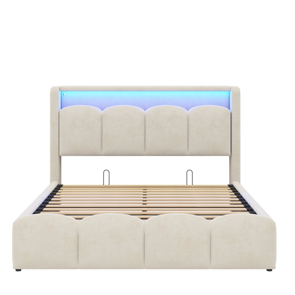 Letto imbottito 140x200 cm con contenitore idraulico e LED in velluto beige