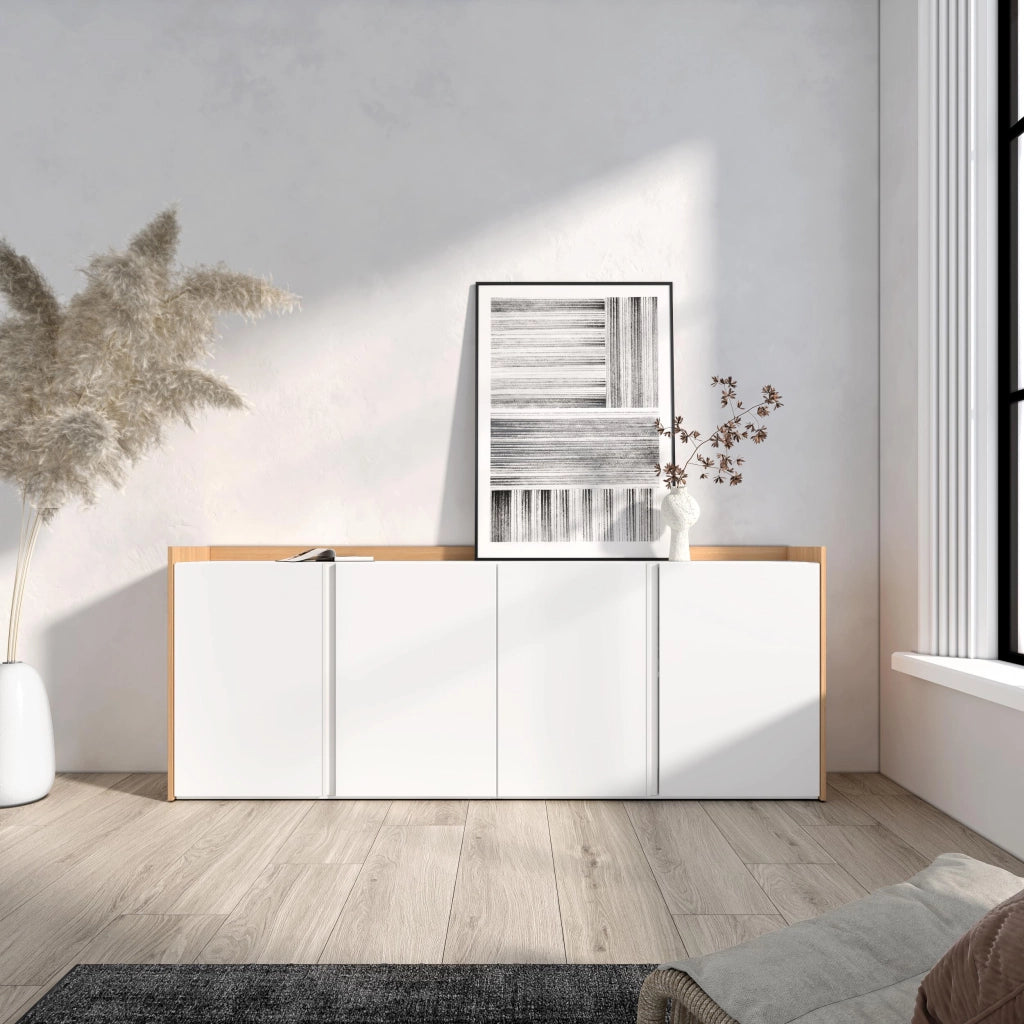 Credenza, Mobile, Cucina, 207x80x35 cm, 4 Porte, grande stoccaggio, Bianco e Rovere soft