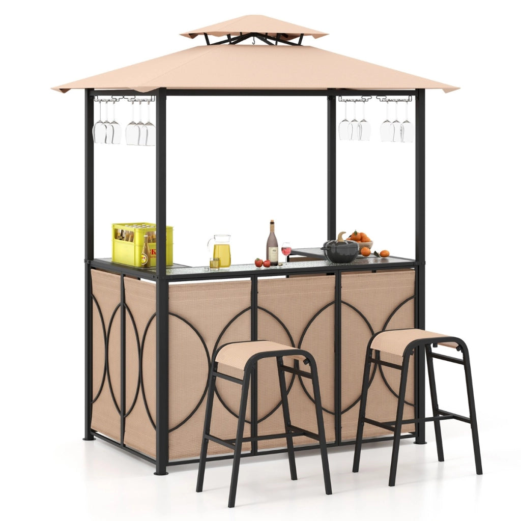 Set bar da patio a 3 pezzi con tavolo in vetro temperato ripiani in metallo-Gazebo per griglia e 2 sgabelli Marrone