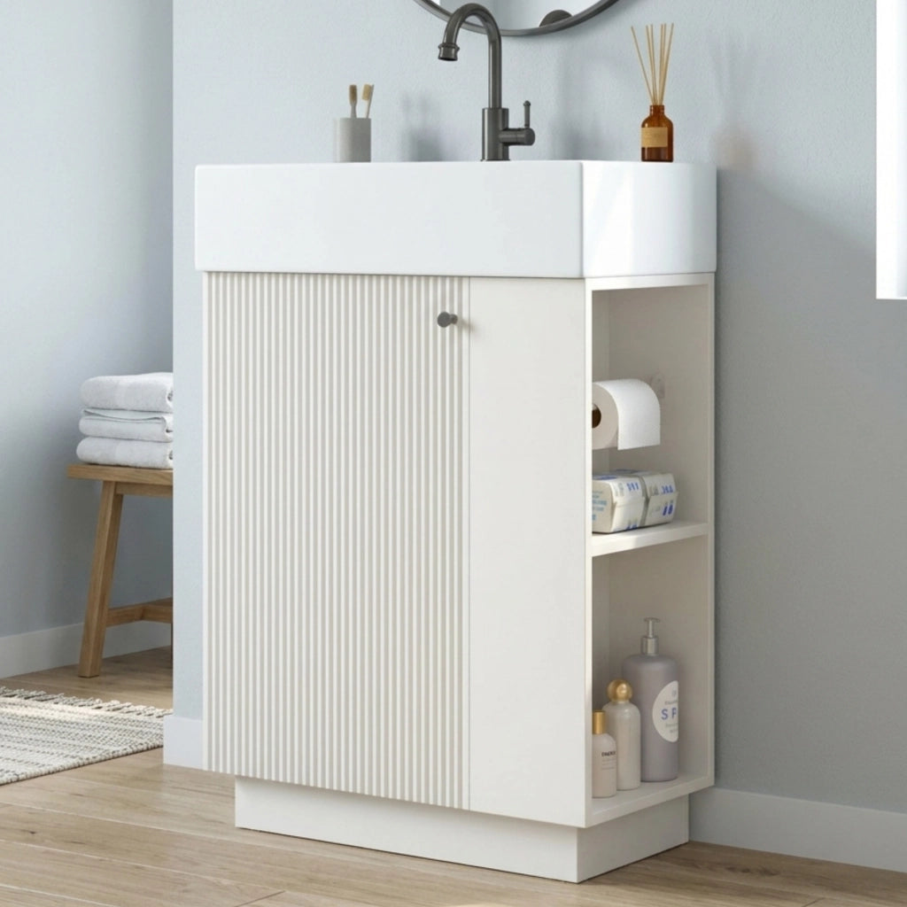Mobile sottolavabo da bagno con lavabo in ceramica, anta soft-close e ripiani aperti, bianco, 55 × 32 × 87 cm