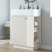 Mobile sottolavabo da bagno con lavabo in ceramica, anta soft-close e ripiani aperti, bianco, 55 × 32 × 87 cm