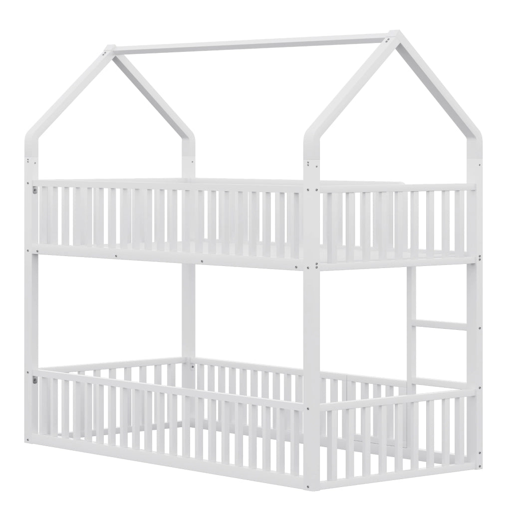 DESMIU Letto a castello bambino 90 × 200 cm 2 posti con porta apribile e scala frontale, senza materasso, in metallo, bianco