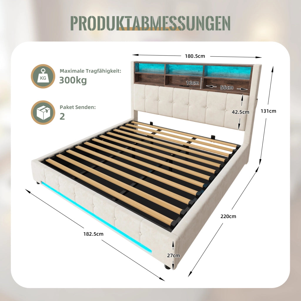LETTO Contenitore 180x200 cm Velluto Beige con testiera multifunzione