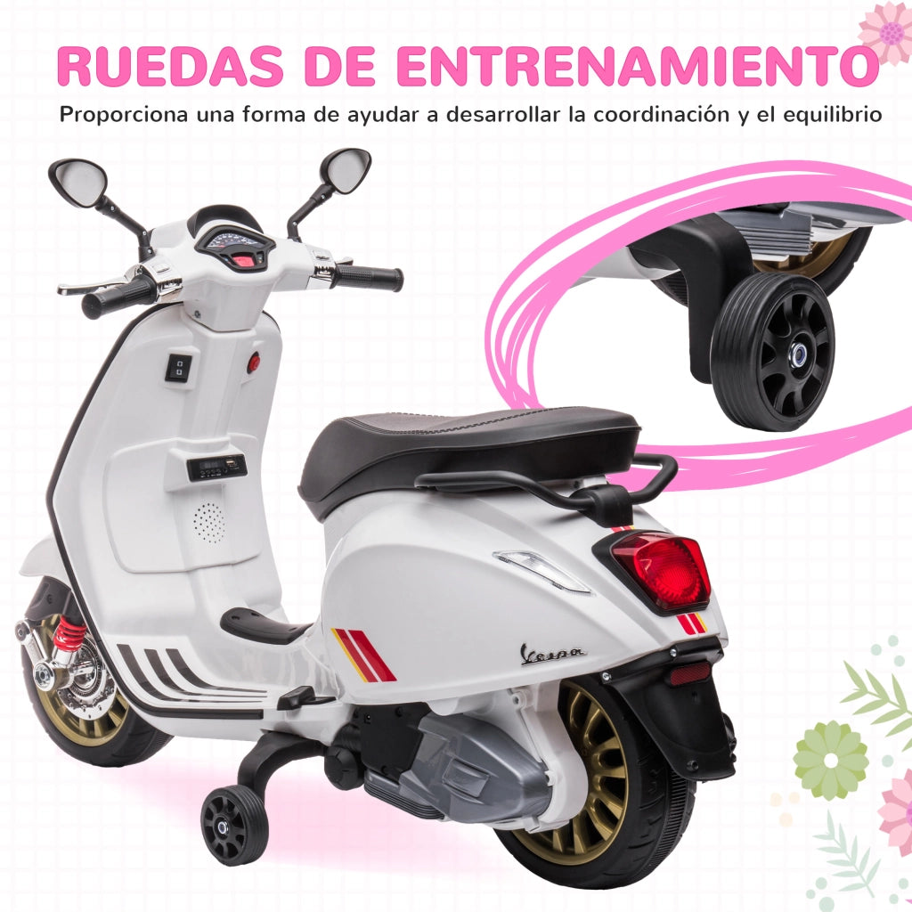 Moto Elettrica Vespa con Licenza per Bambini ¨C Xylo ¨C Bianco, USB MP3, LED, Radio FM, 3 anni+