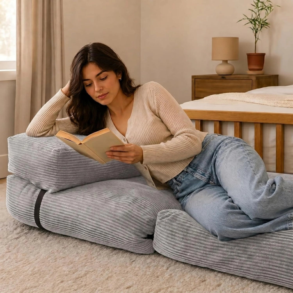 Poltrona Letto Singolo - Pouf Trasformabile in Letto Sfoderabile in Velluto a Coste - Futon Giapponese Pieghevole Pratico e Confortevole, Imbottito in Schiuma (70 x 190 cm, Grigio Chiaro)