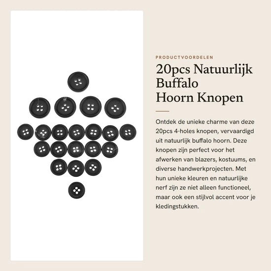 Bottoni naturale buffalo 20 pezzi - 4 fori - nero - rotondo - adatti per giacche/costumi