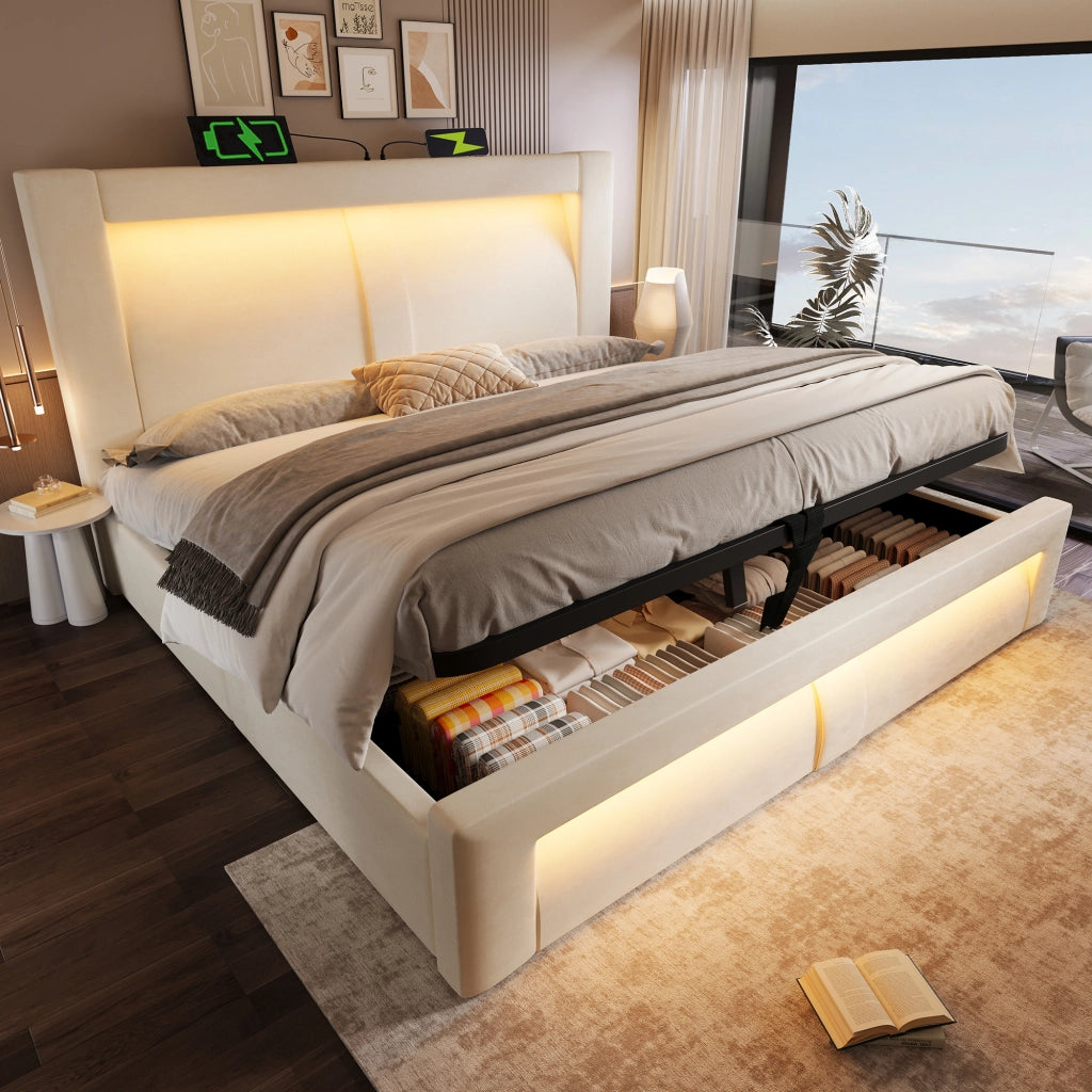 LETTO Contenitore 160x200 cm in velluto beige con LED e porte USB