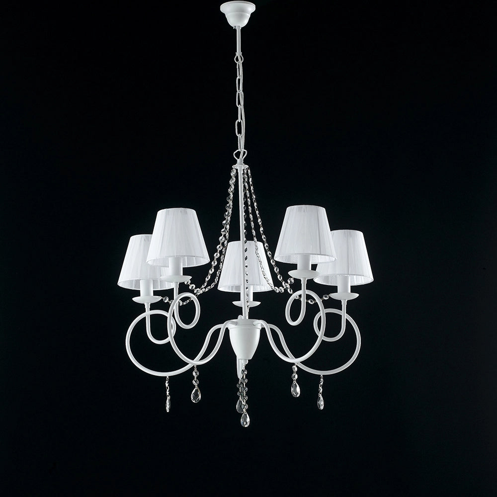 Lampadario Classico 5 Luci Ferro Bianco E Cristalli Con Paralumi Serie Elegant
