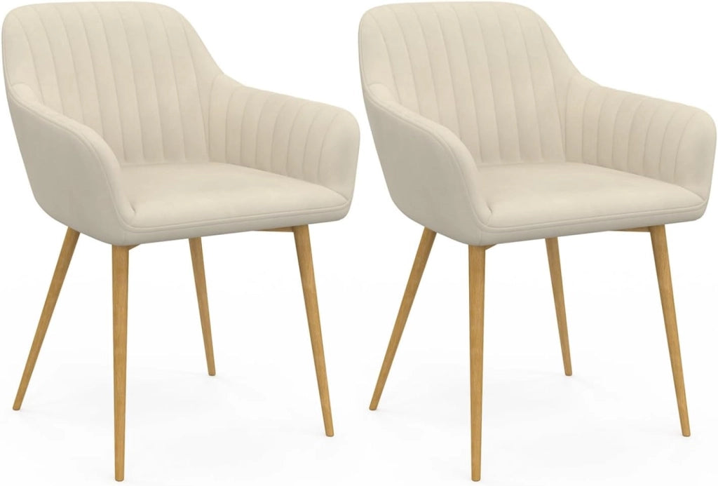 Set di 2 sedie da pranzo e poltrone da tavolo LINE in velluto beige con gambe effetto legno