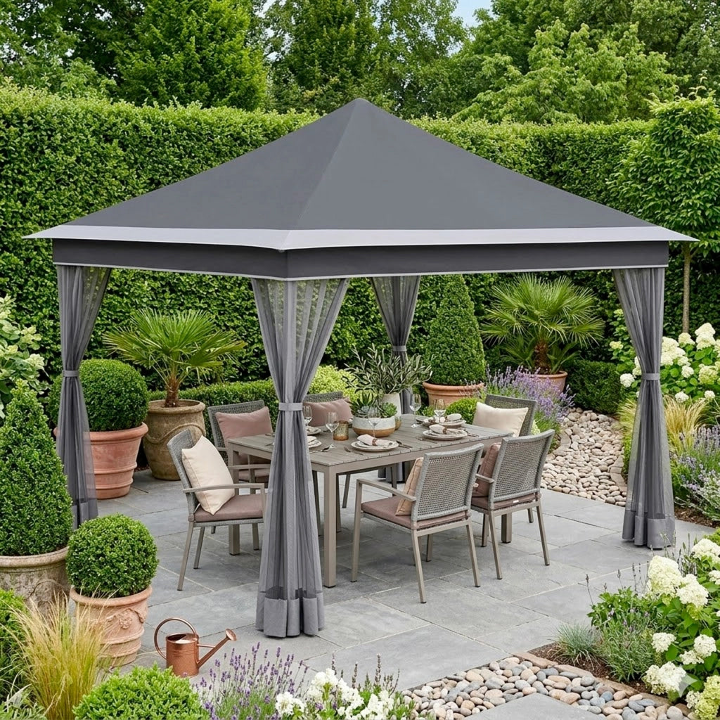 Gazebo Pieghevole Da Esterno Per Giardino Con Zanzariere Laterali Copertura Oxford UV50+ Struttura In Metallo Regolabile Pop Up Con Borsa Trasporto Per Eventi Outdoor 360 x 360 x 310 Cm Grigio Scuro