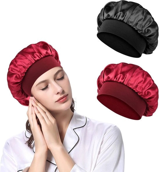 Set di 2 Copri Testa da Notte in Satin Elastici - 2 in 1 - Flessibili - Grande - Antiscivolo - Confortevole - Mute per Capelli