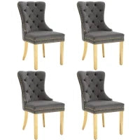 Set di 4 Sedie Grigio Imbottite in Velluto, Decorazioni in Rivetti e Anelli Rotondi, Gambe Dorate, 51x65,5x95 cm