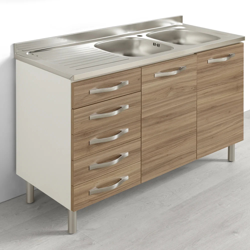 Sotto lavello + Lavello Vs DX per cucina componibile da 120 cm con due ante e 4 cassetti (+1 estetico) linea MAKA, realizzata in legno 100% MADE IN ITALY, colore Noce