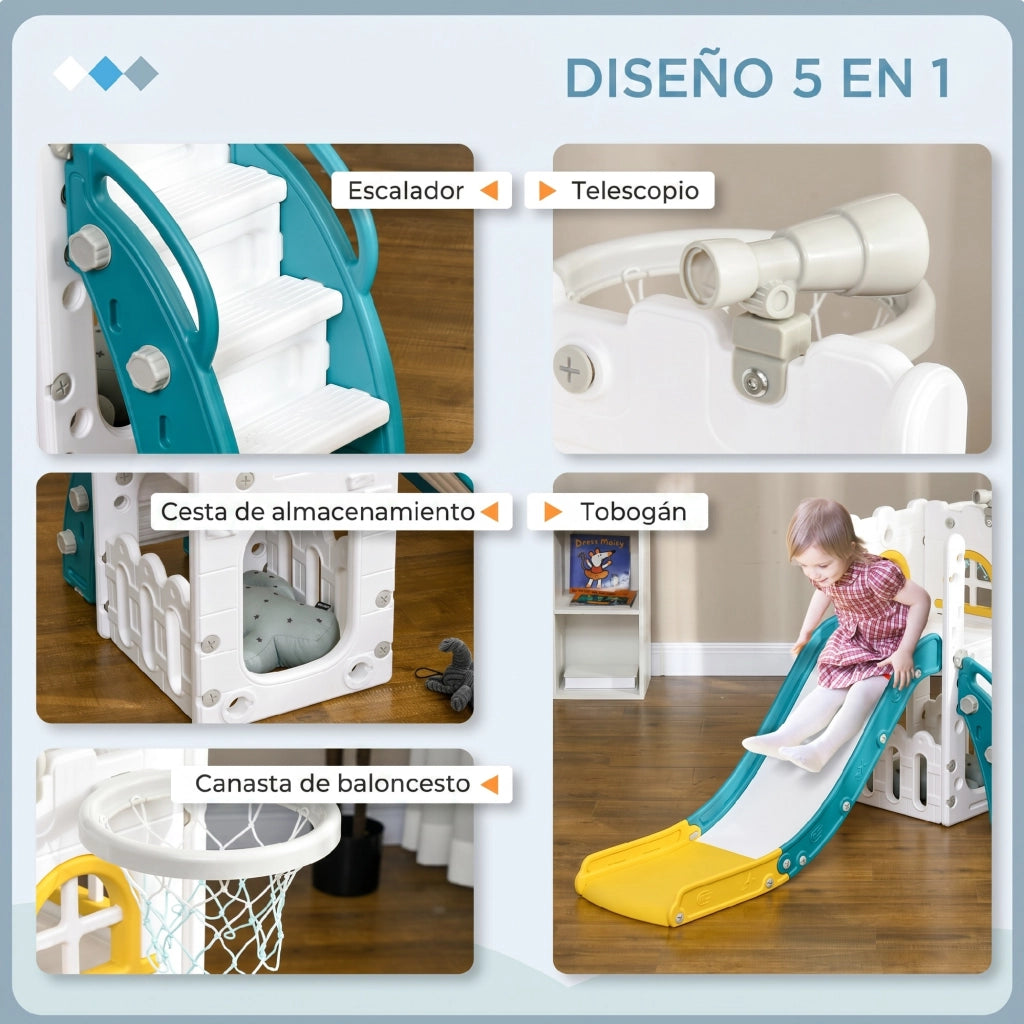 Set Gioco 5 in 1 con Scivolo Canestro Telescopio Scaletta ¨C Xylo ¨C Giallo e Verde