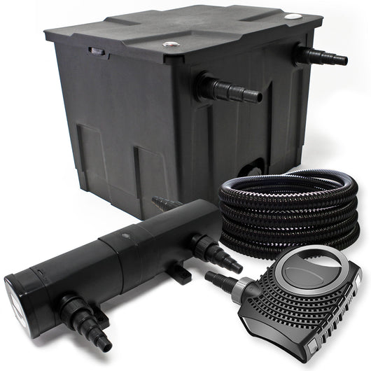 Set filtrante per laghetto Filtro bio da 12000l con Chiarificatore UVC 18W, Pompa 80W e Tubo 25m