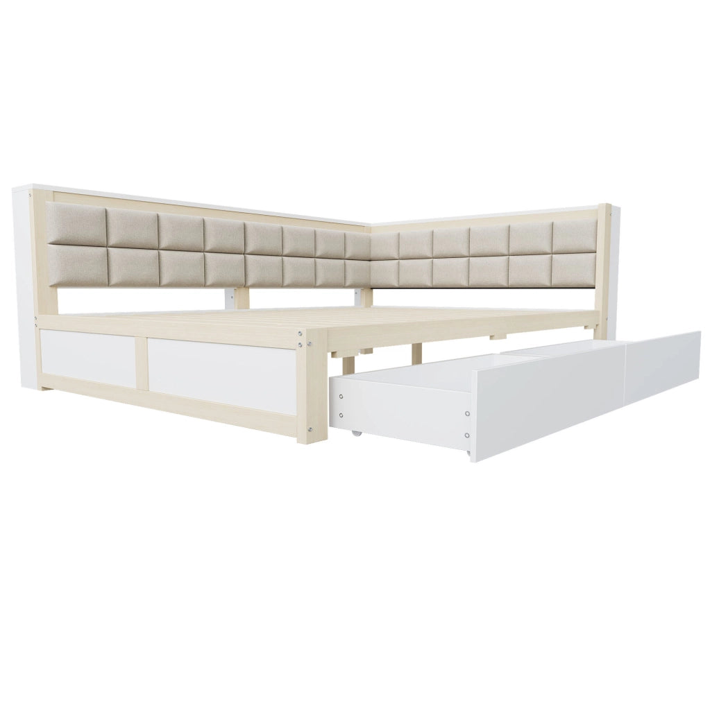 Divano letto 140x200 cm con schienale morbido e 2 cassetti in legno colore naturale