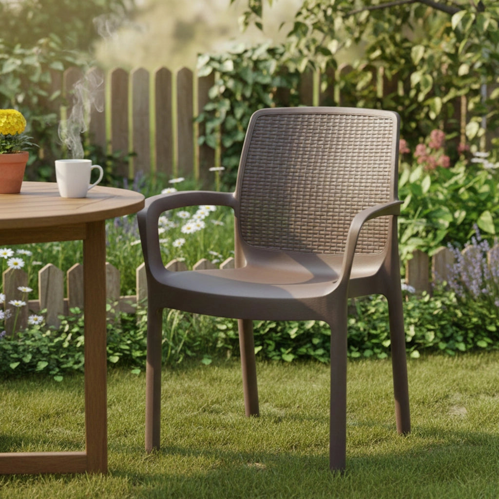 Sedia da esterno Asha, Seduta da giardino, Sedia per tavolo da pranzo, Poltrona outdoor effetto rattan, 100 % Made in Italy, Cm 54x60h82, Marrone