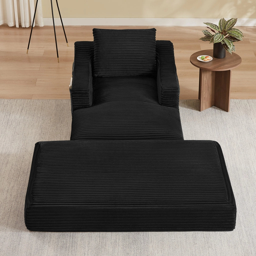 Poltrona reclinabile, poltrona con braccioli, divanetto singolo, velluto a coste, funzione letto, con cuscini, nero