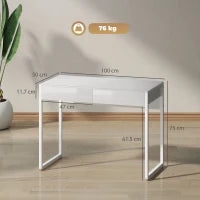 Scrivania Moderna con 2 Cassetti e Gambe in Acciaio, 100x50x75 cm, Bianco Lucido