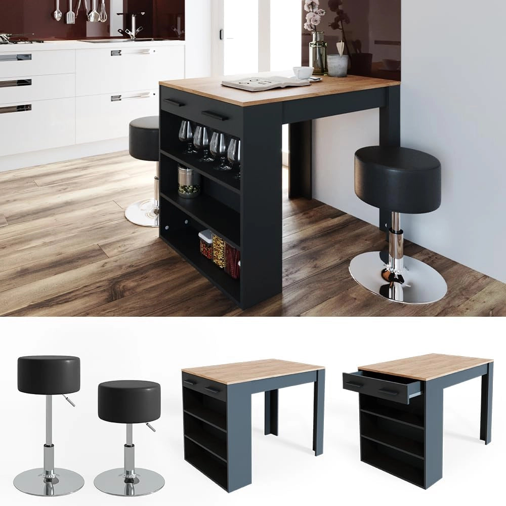 Set di tavoli da pranzo Repose, Antracite/quercia dorata, 67 x 100 cm con 2 sgabelli, adatto come piano di lavoro o area di appoggio aggiuntiva