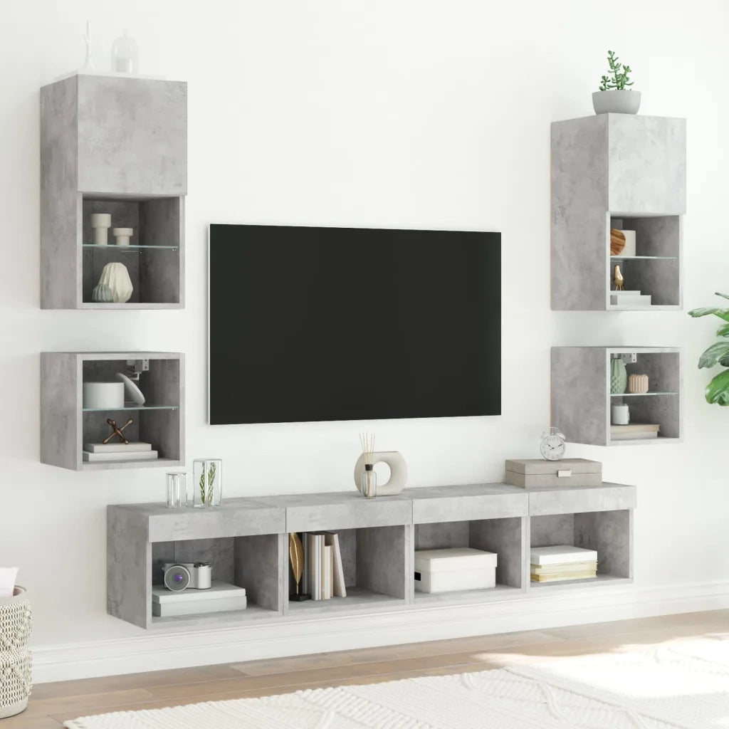 Mobili TV a Muro con LED 8pz Grigio Cemento Legno Multistrato