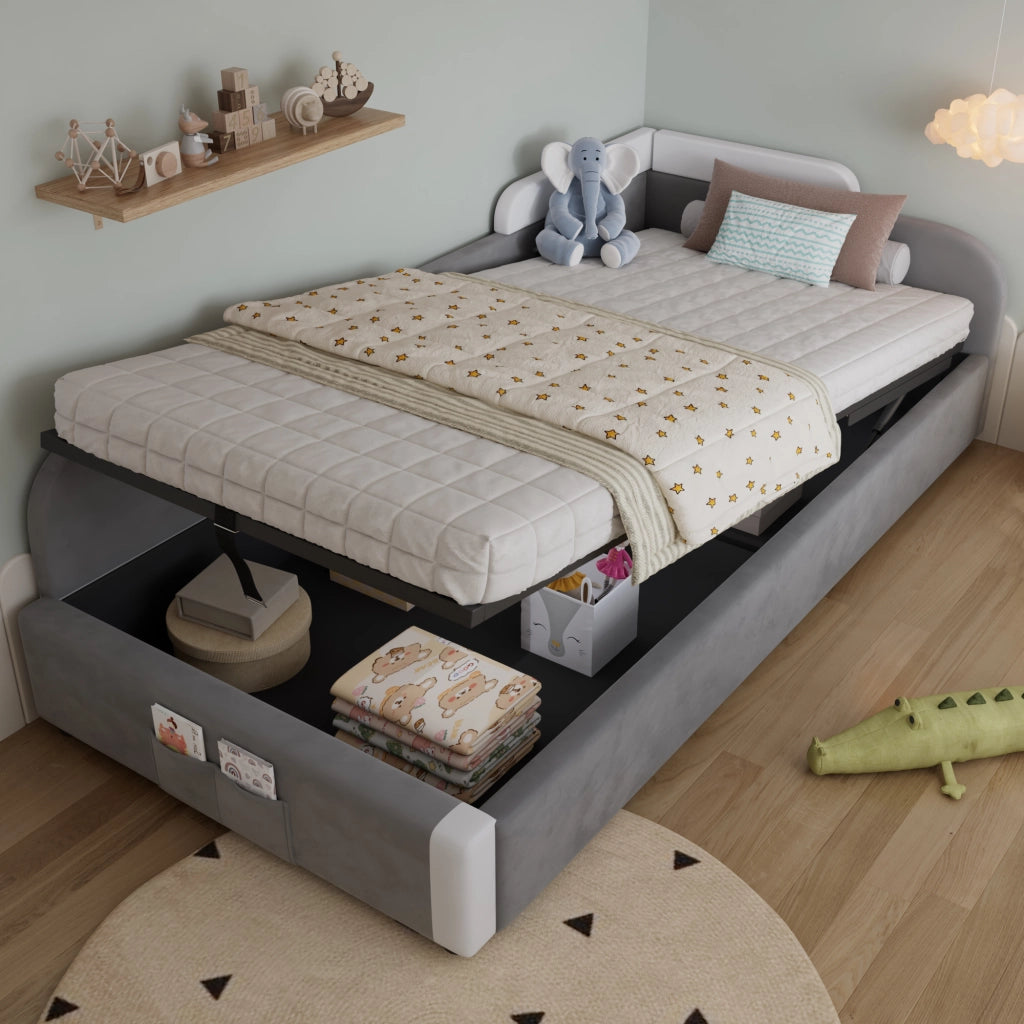 Letto Contenitore per Bambini 90 x 200 cm; Letto Singolo - Sponda Imbottita e Tasca