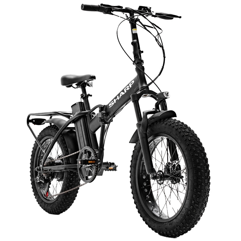 SHARP BASEL (BK-FM02E-B) FOLDABLE FAT E-BIKE (BLACK) - BICICLETTA ELETTRICA - RUOTE 20"X4" - MOTORE 250W 36V - BATTERIA 36V 13AH CERTIFICATA - TELAIO IN ALLUMINIO - AUTONOMIA FINO AD 50KM - FORCELLA AMMORTIZZATA