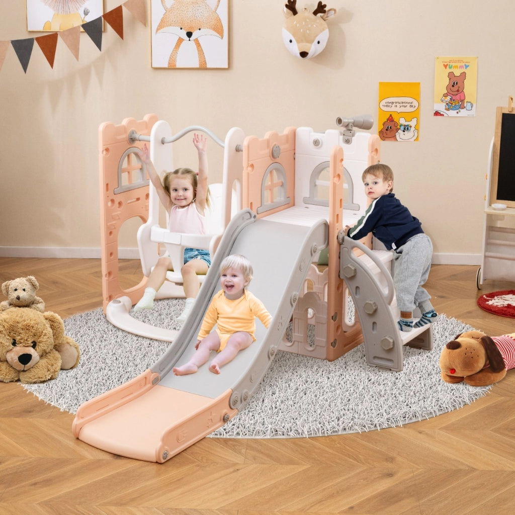 Set di gioco per bambini con altalena da basket e telescopio con spazio portaoggetti, 7 in 1 set di scivolo e altalena a forma di L Grigio e rosa