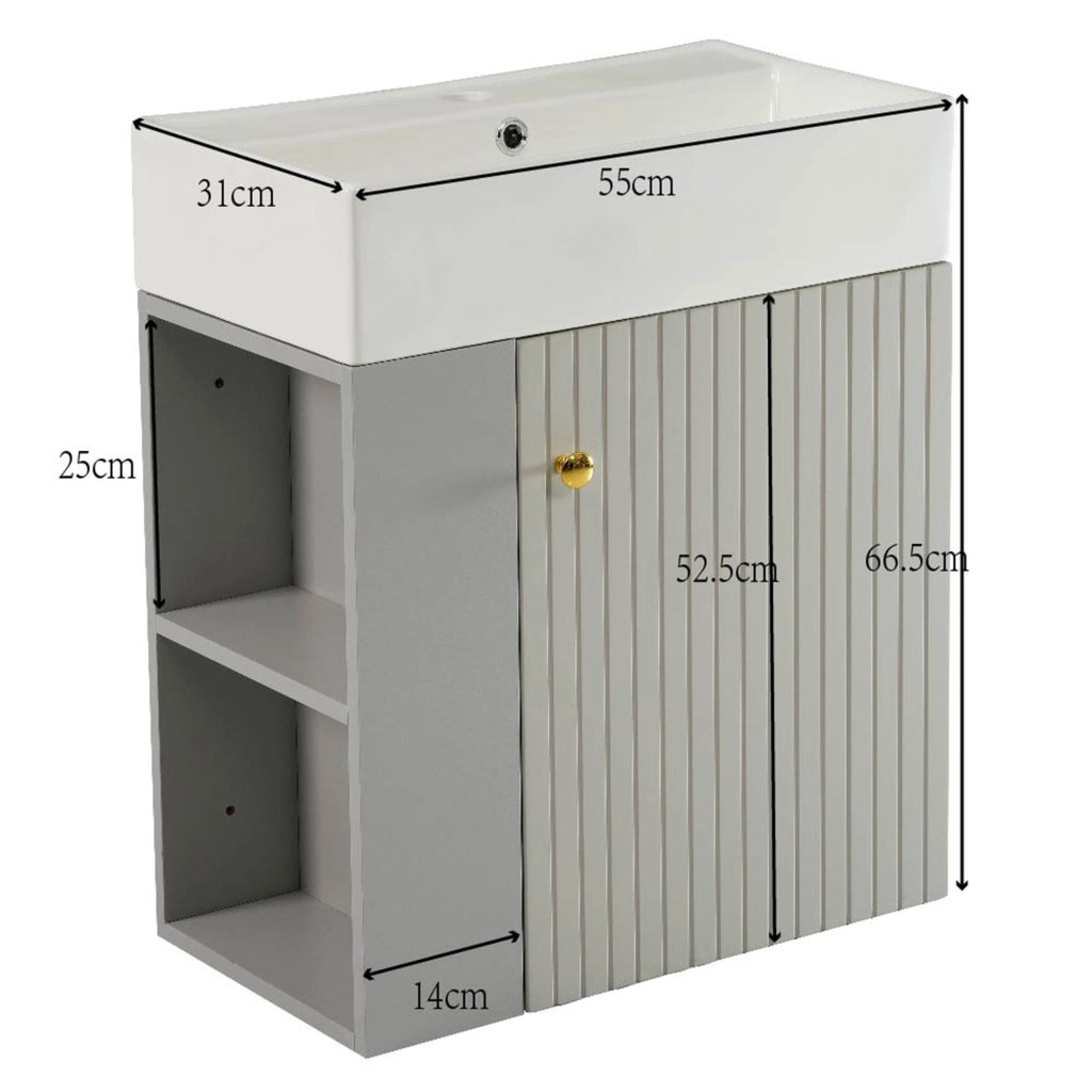 Mobile sottolavabo con 1 anta e ripiani laterali; pannello testurizzato; per bagno; 55 cm