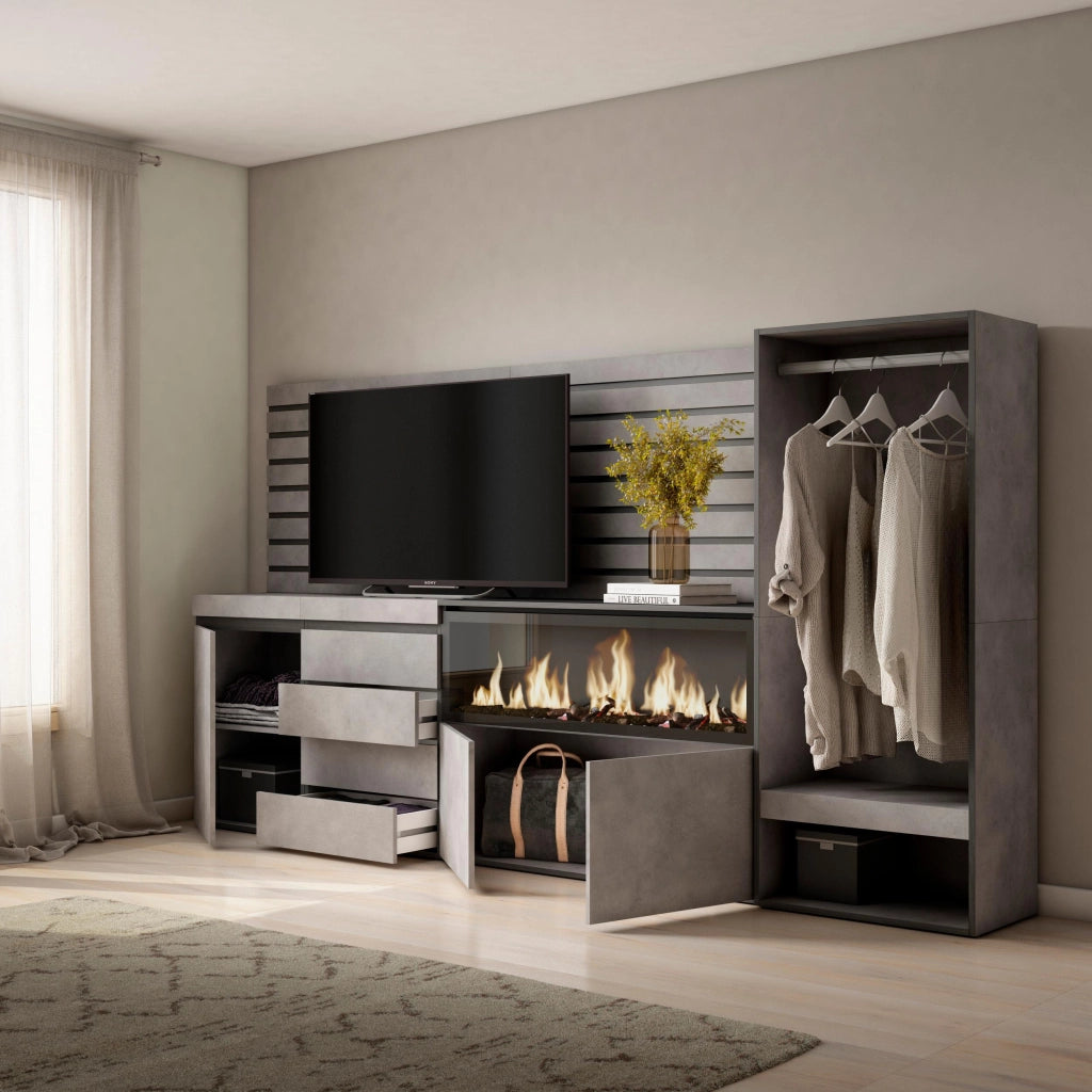 Credenza, 274x35x145cm, Camera da letto, Camino elettrico XXL, Cassettiera, Armadio Aperto, grigio cemento RF3393