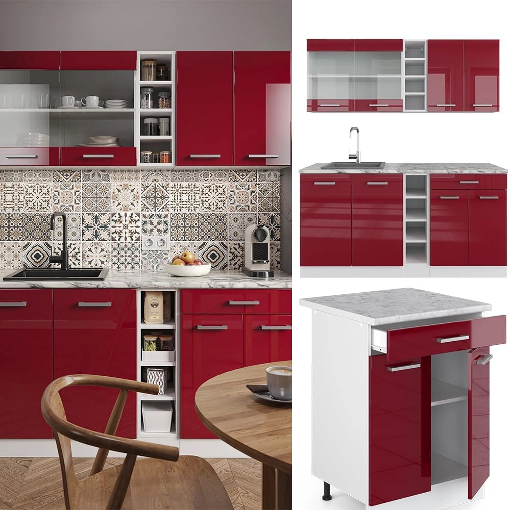 Cucina completa R-Line, Rosso lucido/bianco, 160 cm, PL Antracite, con disposizione flessibile dei moduli ed espandibile