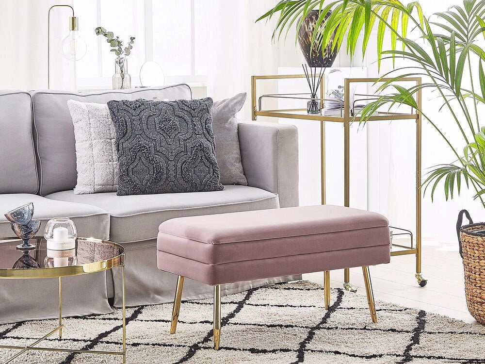 Panca portaoggetti per camera da letto Rivestimento in velluto di poliestere rosa Gambe dorate Design glam Mobili da soggiorno in tinta unita