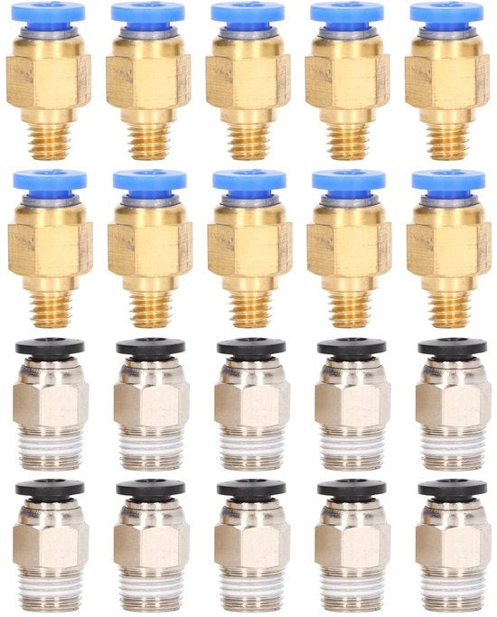Accessori 20 pezzi - Fitting pneumatico PC4-M6/PC4-10 - Adatto per stampante 3D - Ottone/Acero inossidabile - Incluso 10x PC4-M6/10x PC4-10