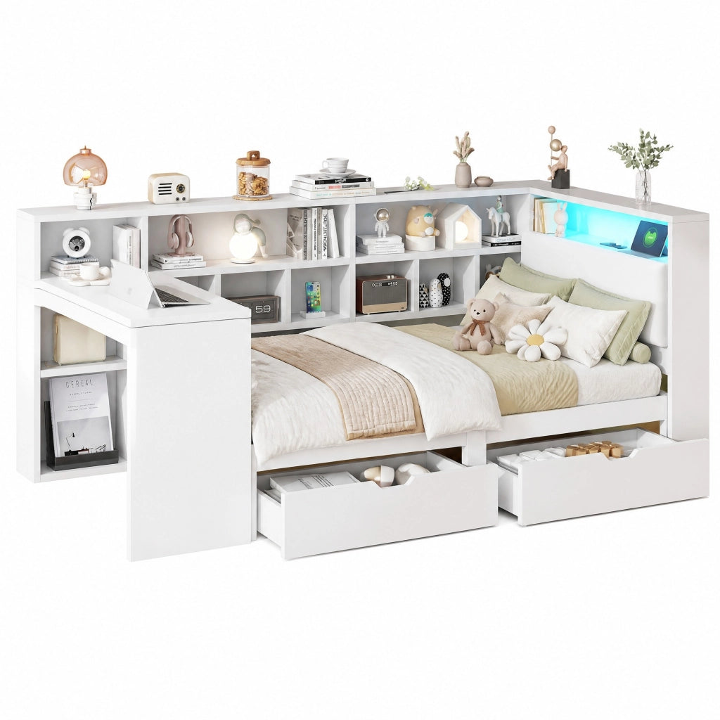 Letto singolo 90x200 a L con scrivania, libreria, LED e cassetti bianco