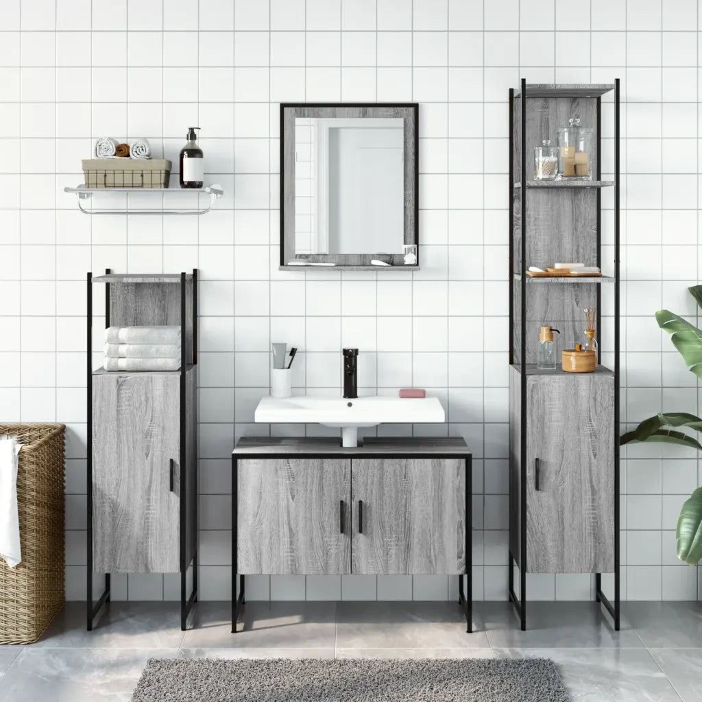 Set Mobili da Bagno | Armadio da bagno 4 pz Grigio Sonoma in Legno Multistrato